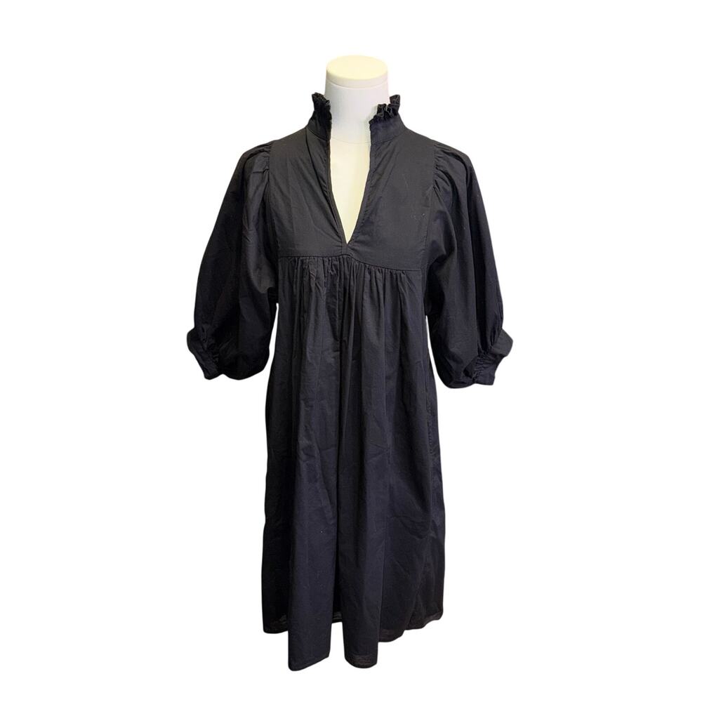 Never A Wallflower Black Cotton Ruffle Neck Babydoll Midi Dress Puff Sleeve XS
